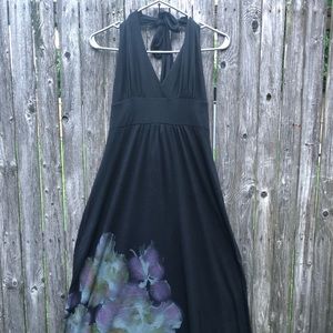 Black halter maxi with floral accent
